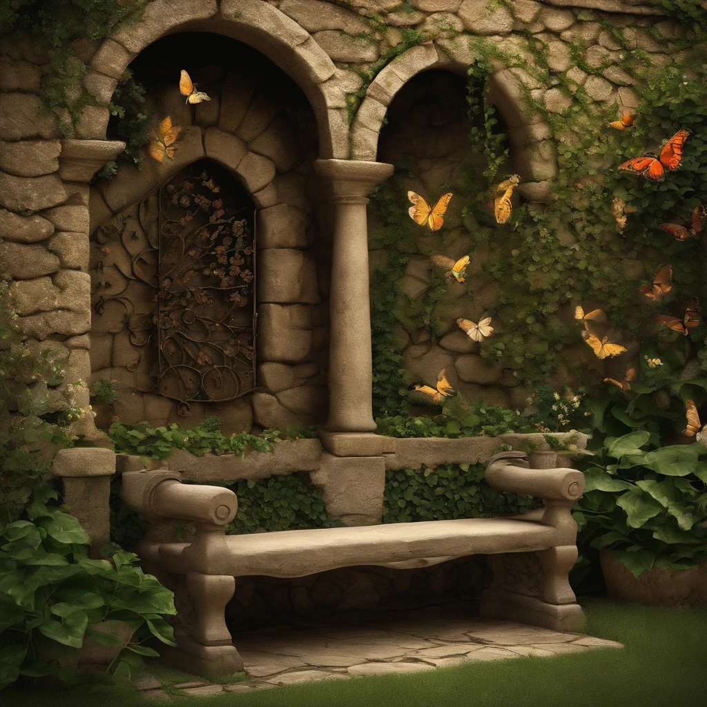 secret Garden: A secret garden filled with blooming flowers and vines climbing an ancient stone wall. At the center, an aged wooden bench with a sundial next to it, indicating the passage of time. Butterflies and birds create an environment of tranquility and natural beauty.