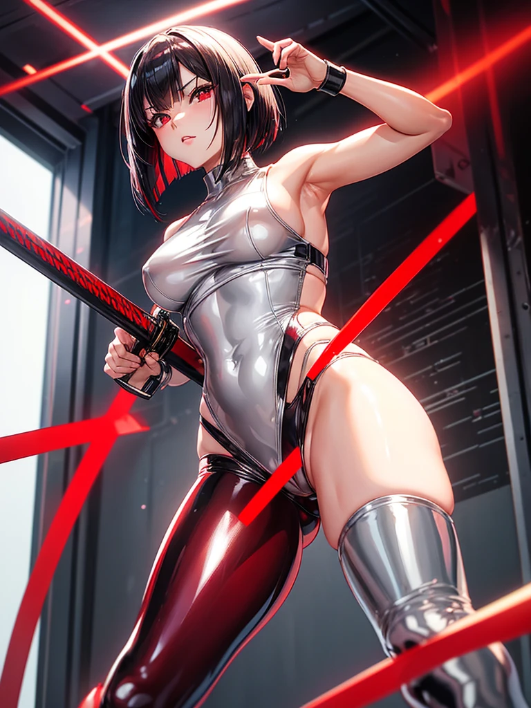 solo girl,Glossy metalic light silver tank top, tight latex shiny, Red interpolation color,Black hair bob,red eyes, camel toe, Samurai Sword,
Lift one leg, sexy lady, โชว์กางเกงใน girl,