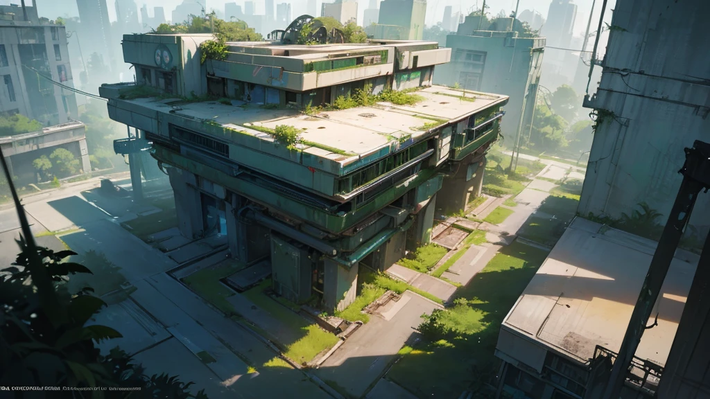 An abandoned futuristic square overgrown with greenery, cyberpunk style, aerial view, dystopian and overgrown plants, ruined architecture, neon lights, moody lighting, dramatic shadows, soft color palette, cinematic composition, high quality, 8k, hyper-detailed, photorealistic, studio lighting, physics-based rendering, RPG setting seen from above like tabletop rpg
