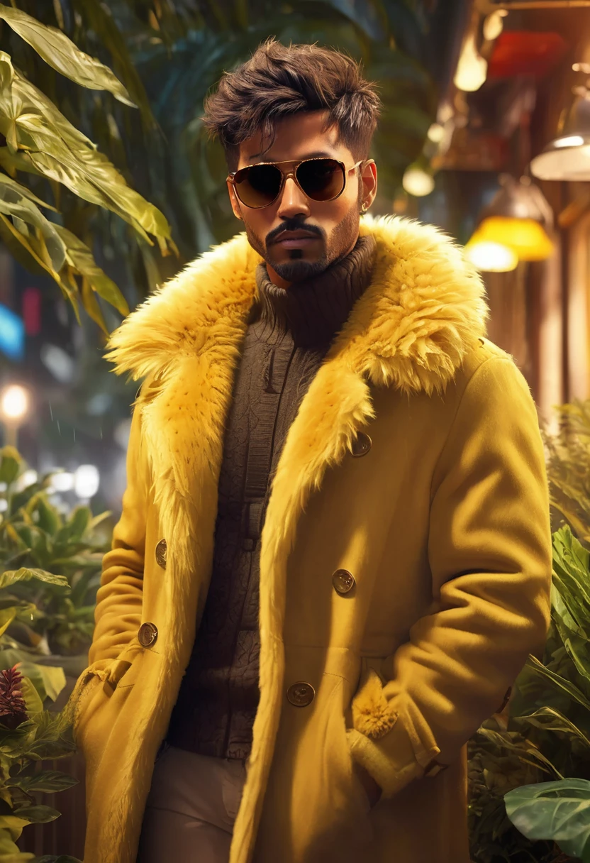 1 man, decoration with many plants in the background, wearing a very furry burnt golden yellow coat, masculine brown eyes, detailed brown skin, wearing sunglasses, short hair, warm lighting, cinematic composition, warm palette, night environment, colors warm cold, atmospheric fog, thin chin strong expression, (best quality, 4K, 8K, high resolution, art: 1.2), ultra-detailed, (realistic, photorealistic, photorealistic: 1.37)