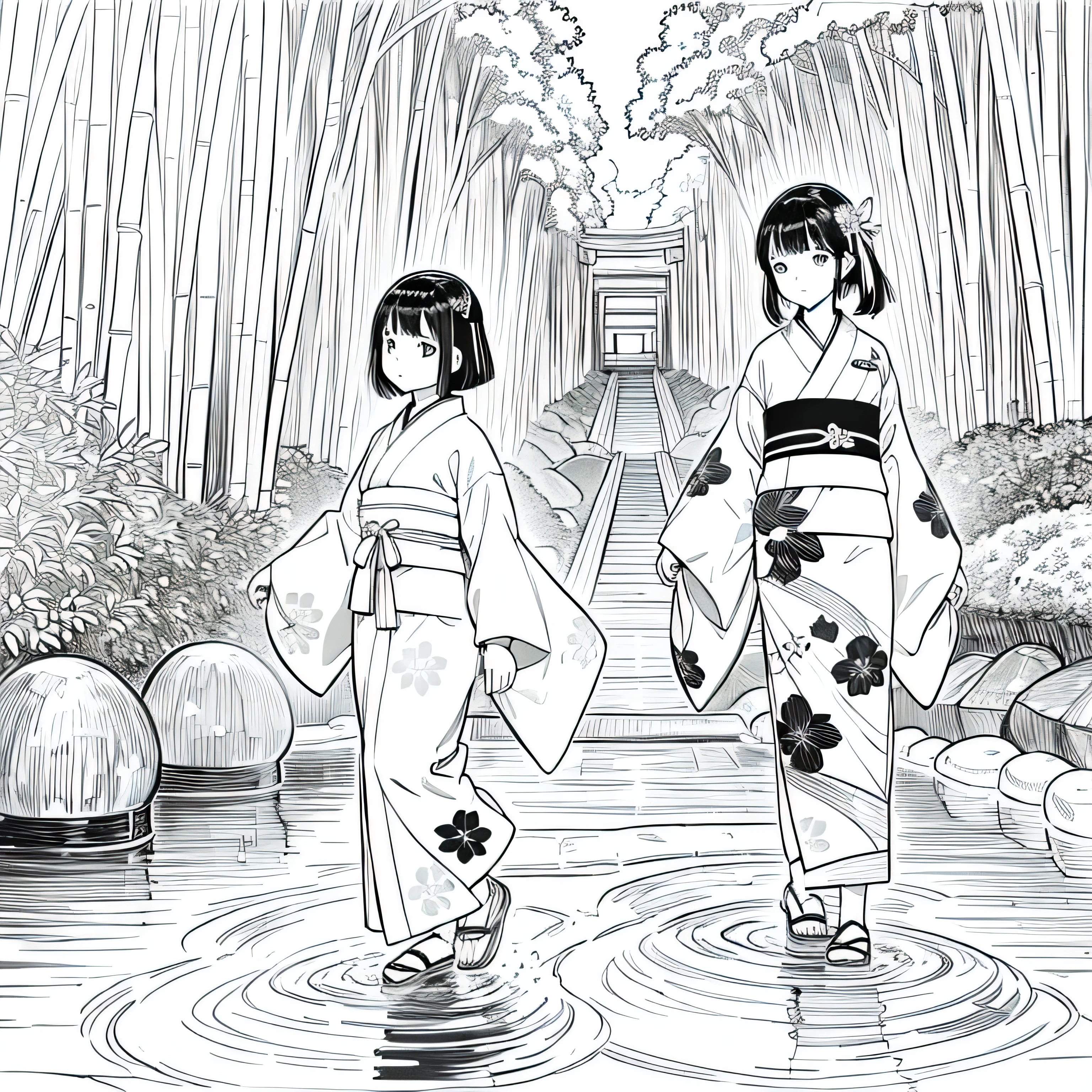 塗り絵andして, The color must be black and white, Boundaries should be simple, clear, bold. [Girl and short brown hair] wearing [kimono and koi fish pattern] While taking a walk [Arashiyama Bamboo Forest] Kyoto, Japan, and [Hairpin]