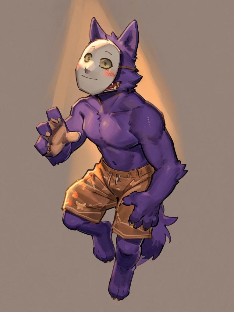 ((Best quality, masterpiece, detailed anatomy, detailed eyes, detailed hands, perfect lighting, perfect shading,)), by Buta99, by Zackary911, 1male, Wolf, purple furs, tight body, eyes, mask, skinny chub body, young body, shirtless, orange shorts, barefoot, at the white background 