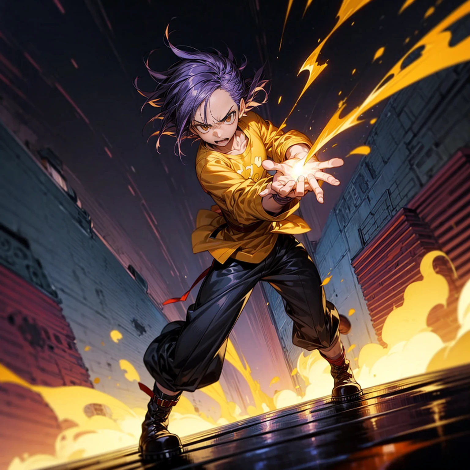 1character, full body version, character is adult male version, hazel eyes, dark purple colour hair, Shaggy hairstyle, clothing style is punk, boots, Grassroots, full background in city, motion blur, flame in hand, standing gesture, (one piece style art), lighting flame in hands