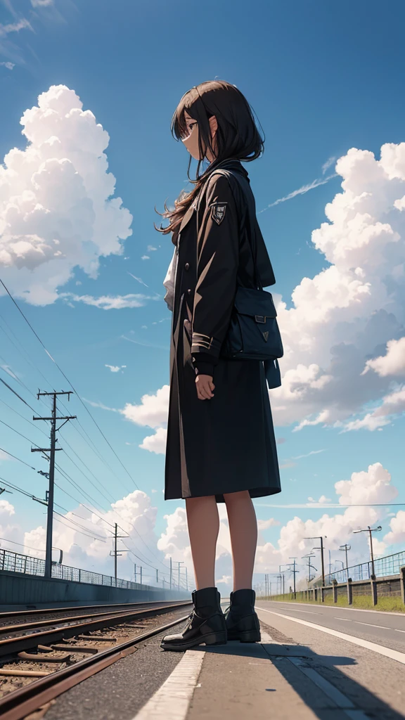 Create an image of a person standing at a railway crossing with large, fluffy clouds in the sky and a clear blue backdrop. The person is facing away from the viewer, creating a sense of contemplation or waiting. The railway crossing should have signals and barriers, adding to the scene's depth and narrative.