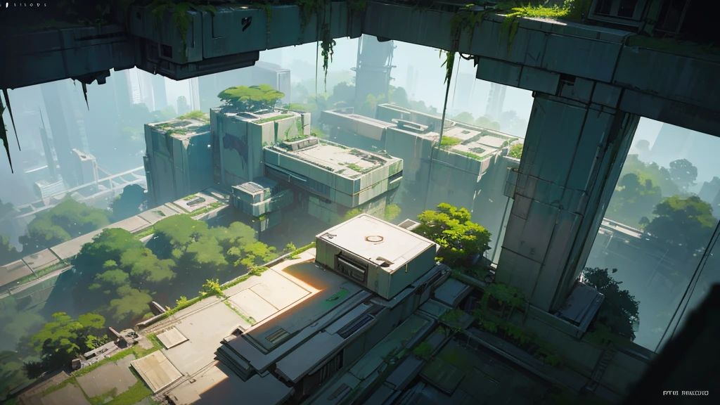 An abandoned futuristic city overgrown with greenery, cyberpunk style, aerial view, dystopian and overgrown plants, ruined architecture, neon lights, moody lighting, dramatic shadows, soft color palette, cinematic composition, high quality, 8k, hyper-detailed, photorealistic, studio lighting, physics-based rendering, RPG setting seen from above like tabletop rpg