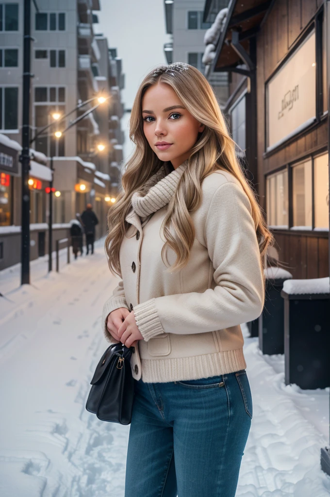 professional portrait photograph of a gorgeous Norwegian girl in winter clothing with long wavy blonde hair, sultry flirty look, gorgeous symmetrical face, cute natural makeup, wearing elegant warm winter fashion clothing, ((standing outside in snowy city street)), stunning modern urban environment, ultra realistic, concept art, elegant, highly detailed, intricate, sharp focus, depth of field, f/1. 8, 85mm, medium shot, mid shot, (((professionally color graded))), bright soft diffused light, (volumetric fog), trending on instagram, hdr 4k, 8k