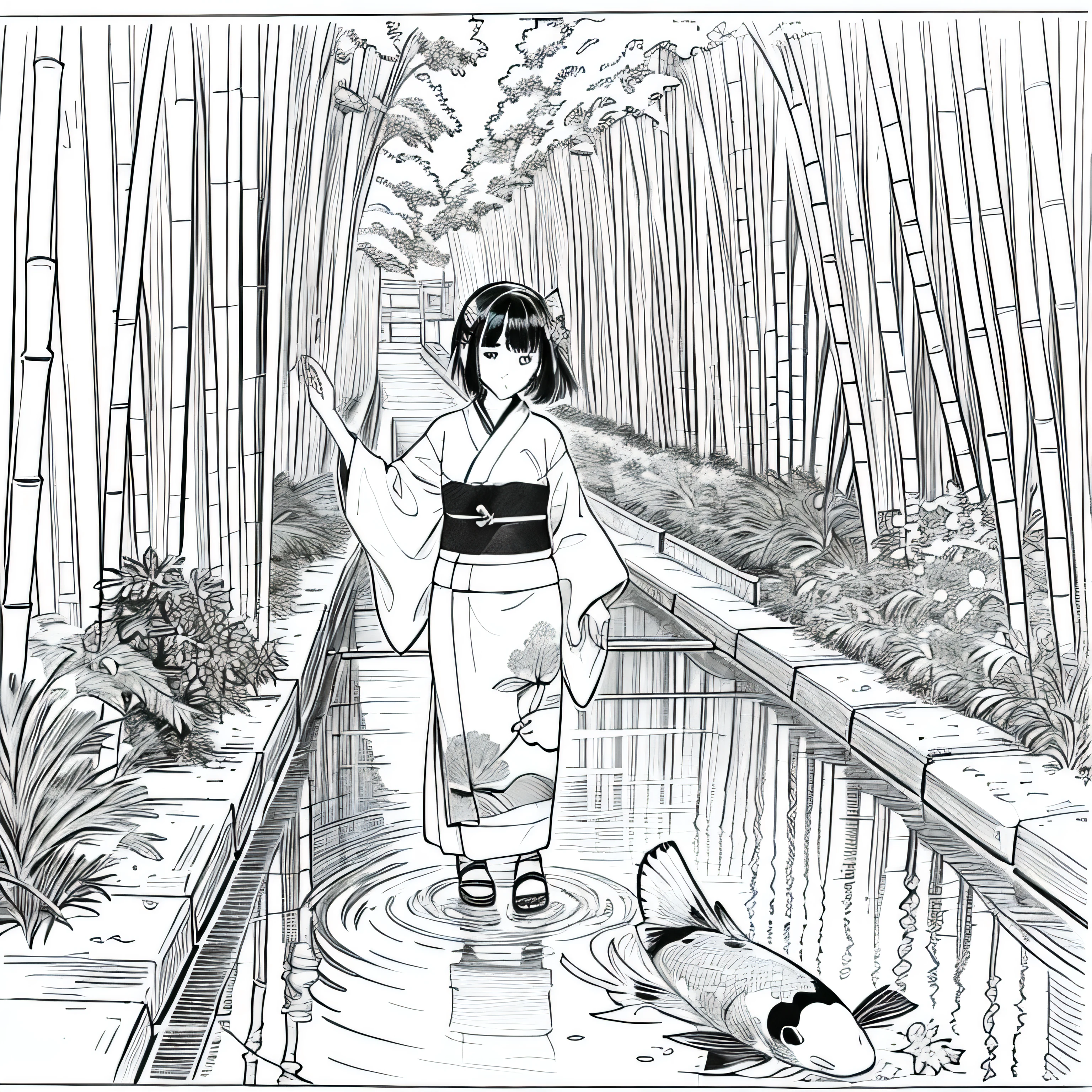 塗り絵andして, The color must be black and white, Boundaries should be simple, clear, bold. [Girl and short brown hair] wearing [kimono and koi fish pattern] While taking a walk [Arashiyama Bamboo Forest] Kyoto, Japan, and [Hairpin]
