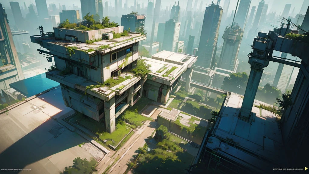 An abandoned futuristic city covered in vegetation, cyberpunk style, aerial view, dystopian and overgrown plants, ruined architecture, neon lights, moody lighting, dramatic shadows, soft color palette, cinematic composition, high quality, 8k, hyper-detailed, photorealistic, studio lighting, physics-based rendering, RPG setting from above, like a tabletop RPG