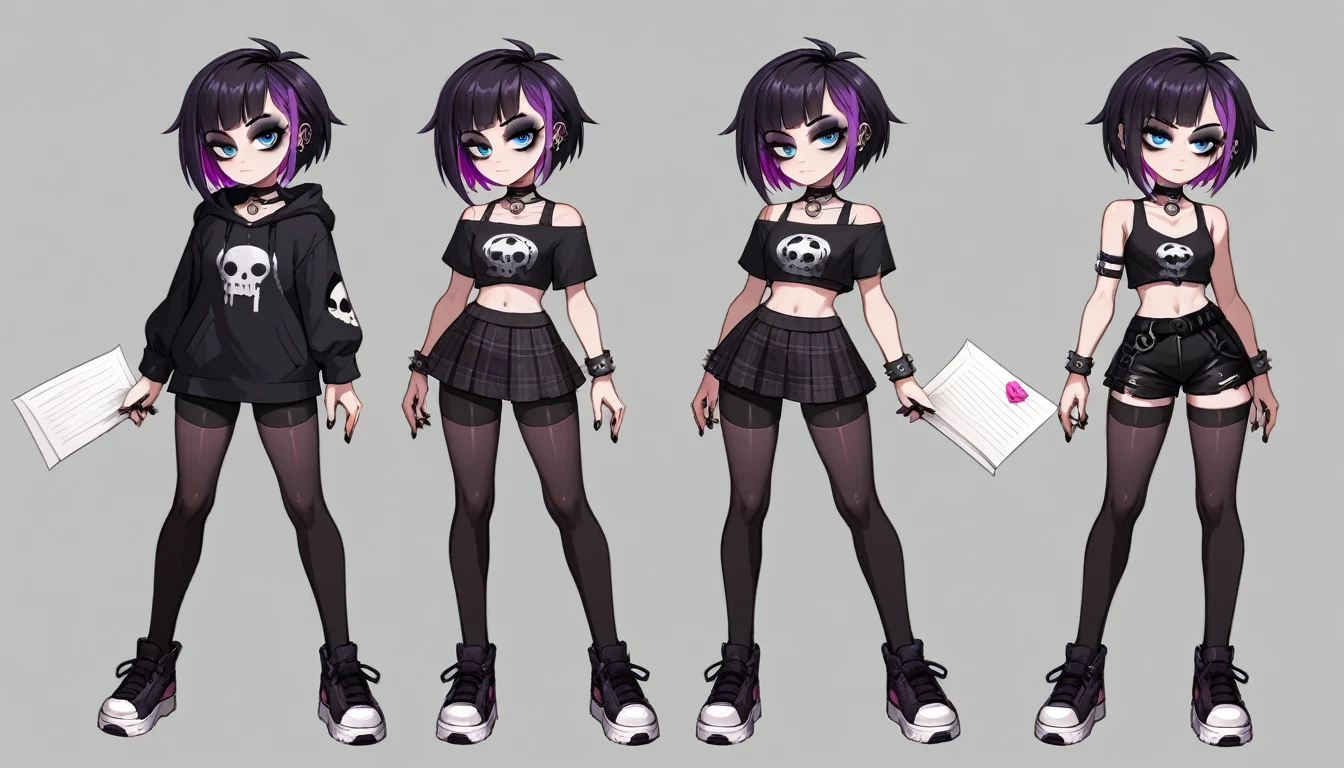 Solo, score_9,score_8_up,score_7_up, source_girl, goth girl, teenage female, black hair, goth style hair, wearing black bike shorts, black spandex shorts, 1.3, goth makeup, fishnet, wearing goth clothes, goth, emo, goth outfit, standing, solo, full body, blue eyes, black clothes, plaid skirt, black spandex shorts, (short hair), character design, paper doll sheet, (purple highlights), Black and purple hair,