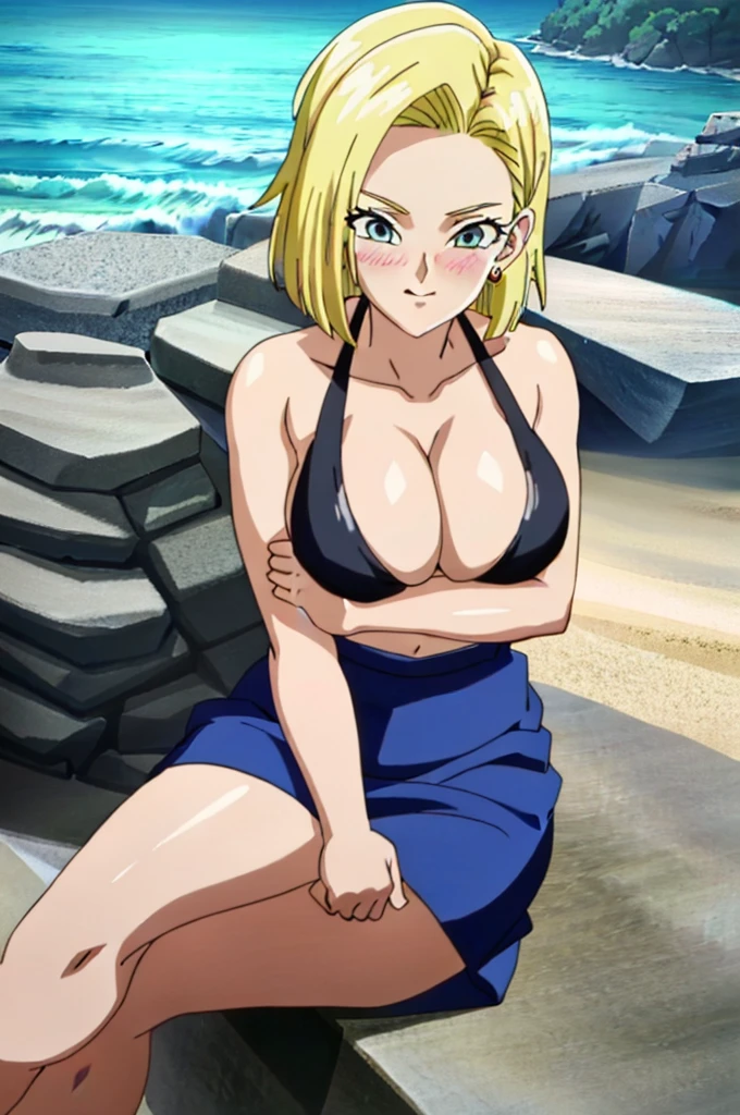 (extremely detailed CG unity 4k wallpaper),(masterpiece),(best quality),(ultra-detailed),(best illustration),(best shadow),(absurdres),(detailed background), Android 18, 1girl, android 18, solo, blonde hair, source_anime, score_9, score_8_up, score_7_up, anime screencap, 1girl, solo, breasts, looking_at_viewer, blushed smile, large_breasts, cleavage, bare_shoulders, sitting, collarbone, crossed_legs, black underwear, from_below, breasts, large breasts, big breasts, huge breasts, big tits, giant breasts, small bikini, bikini, bare shoulders, bare arms, beach, ocean, underboob