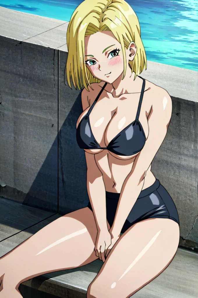 (extremely detailed CG unity 4k wallpaper),(masterpiece),(best quality),(ultra-detailed),(best illustration),(best shadow),(absurdres),(detailed background), Android 18, 1girl, android 18, solo, blonde hair, source_anime, score_9, score_8_up, score_7_up, anime screencap, 1girl, solo, breasts, looking_at_viewer, blushed smile, large_breasts, cleavage, bare_shoulders, sitting, collarbone, crossed_legs, black underwear, from_below, breasts, large breasts, big breasts, huge breasts, big tits, giant breasts, small bikini, bikini, bare shoulders, bare arms, beach, ocean, underboob