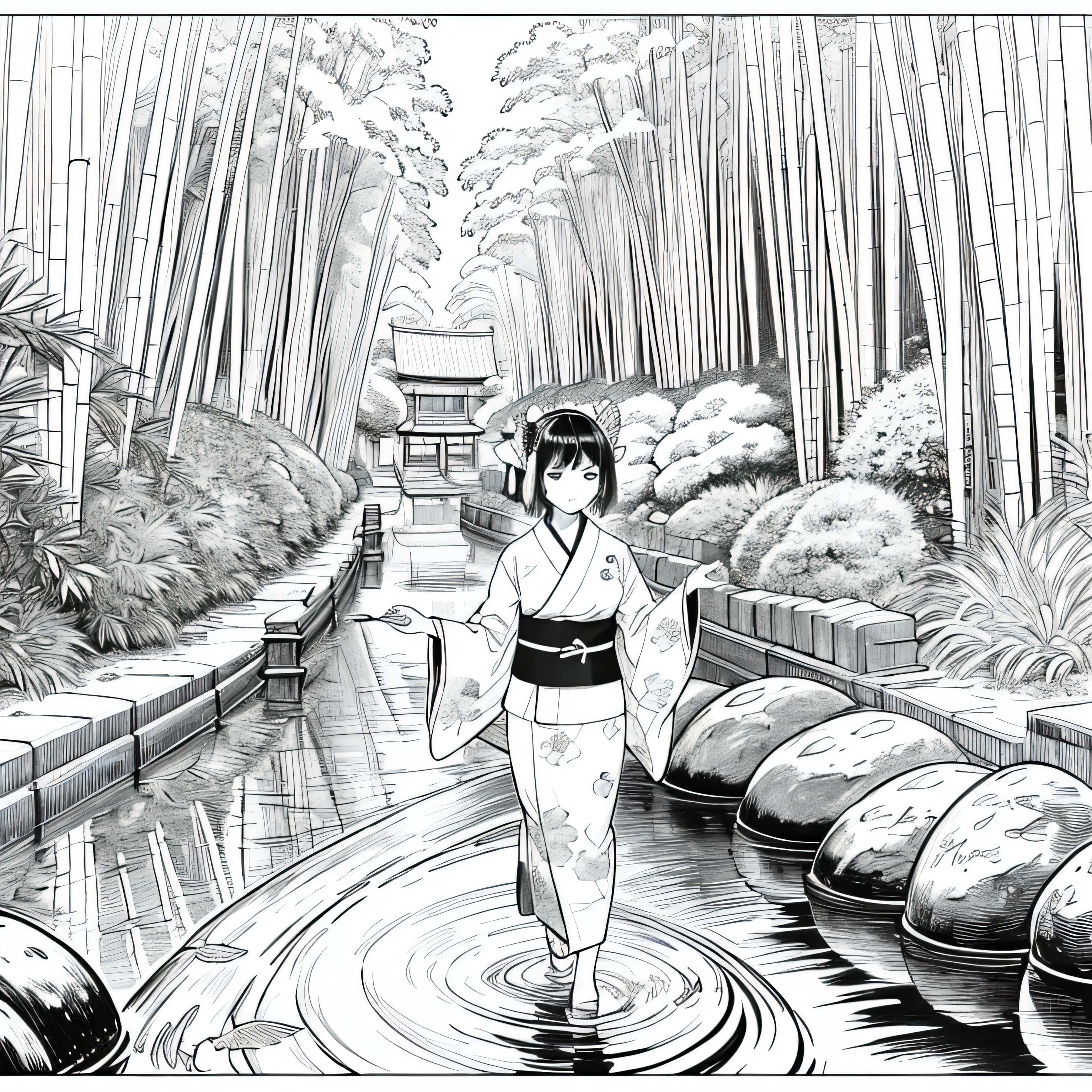 塗り絵andして, The color must be black and white, Boundaries should be simple, clear, bold. [Girl and short brown hair] wearing [kimono and koi fish pattern] While taking a walk [Arashiyama Bamboo Forest] Kyoto, Japan, and [Hairpin]