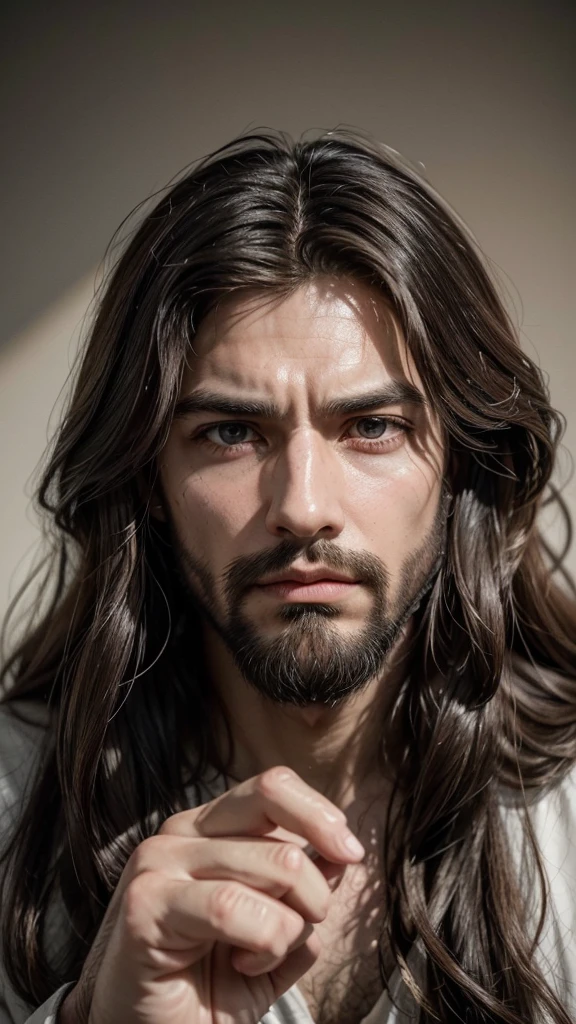 "Create an image of a man similar in appearance to classic depictions of Jesus Christ, with long hair, barba, and a serious expression. It must be pointing directly at the camera, conveying a sense of urgency and calling. Use natural and soft tones, focusing on the face and pointing hand to create a deep emotional impact.