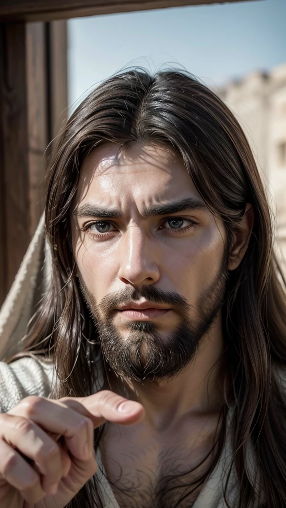 "Create an image of a man similar in appearance to classic depictions of Jesus Christ, with long hair, barba, and a serious expression. It must be pointing directly at the camera, conveying a sense of urgency and calling. Use natural and soft tones, focusing on the face and pointing hand to create a deep emotional impact.