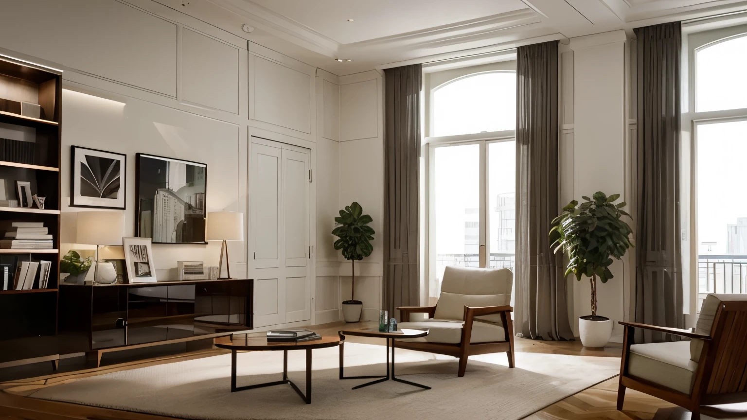 Create an image of a stylish library with tall, modern shelves, full of well-organized books. The library should have a contemporary and sophisticated atmosphere, in a commercial building in a large city, with light wood or neutral-toned furniture. Lighting should be bright and clear, with large windows that allow natural light to enter and some strategically positioned modern lamps. Include subtle decorative details, like green plants, a minimalist reading table, and some modern design elements that convey a sense of knowledge, serenity and discreet luxury.