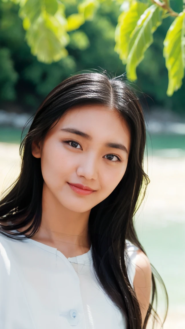 ((Extremely precise and accurate anatomy)), (masterpiece:1.43), Perfect balance, Realistic photos, shrapnel:1.22、Man in his 20s、young woman、Very realistic、High resolution photos、Wavy, Shoulder-length chestnut hair、Elegance from the shoulders down、The eyes are a striking green with gold flecks..、natureなアーチ型の眉毛、The skin is white and smooth、nature, Healthy shine、A kind smile、Straight and white teeth、A micro bikini made of soft and light fabric that fits snugly..、Sunlit beach in the evening、The sea swaying in the wind、Clear deep blue sky with white clouds、The sunlight is warm and golden、顔の特徴や衣服の質感を強調するnatureなハイライトと影、メイクは最小限でnature、Light Foundation、A faint blush、Subtle eyeliner、A little mascara々々、Soft pink lip color、Mr..々Pause、Make different facial expressions、Wavy hair、A sense of movement and vitality、(((Shallow depth of field effect)))、Image focus、The atmosphere is warm、The energy of joy、natureの美