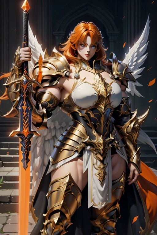 (((Massive beautiful, buff, pale white skinned muscular female saint knight with orange hair, black lipstick, ginormous bulky muscles, carrying a giant sword and wearing an orange Saint Seiya Gemini Armor))), (((close-up view))), large breast, massive muscles, massive biceps, hyper muscle shoulders, hyper muscle triceps, (long shaggy hair), green eyes, (Paladin boots), (angel metal armor), breastplate, (angel gauntlets), (holy Shoulder armor), closed smile, (in a heavenly castle), Vascular arms, hyper muscles arms, hyper muscle legs, massive buff arms.