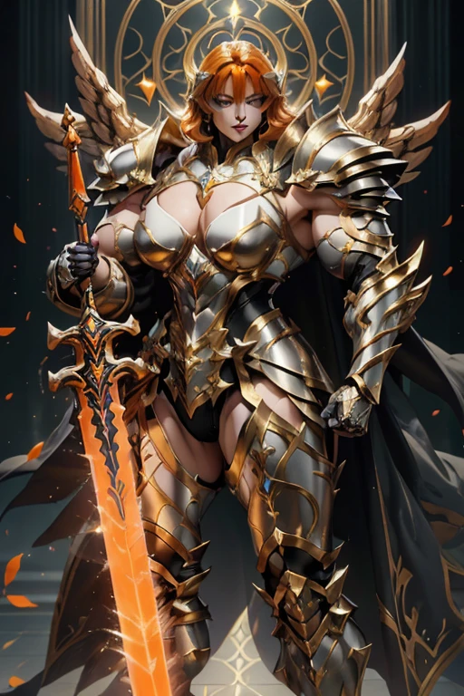 (((Massive beautiful, buff, light brown skinned muscular female saint knight with yellow hair, black lipstick, ginormous bulky muscles, carrying a giant sword and wearing a yellow Saint Seiya Gemini Armor))), ((close-up view)), large breast, massive muscles, massive biceps, hyper muscle shoulders, hyper muscle triceps, (long flowing hair), gray eyes, (Paladin boots), (angel metal armor), breastplate, (angel gauntlets), (holy Shoulder armor), closed smile, (in a heavenly castle), Vascular arms, hyper muscles arms, hyper muscle legs, massive buff arms.