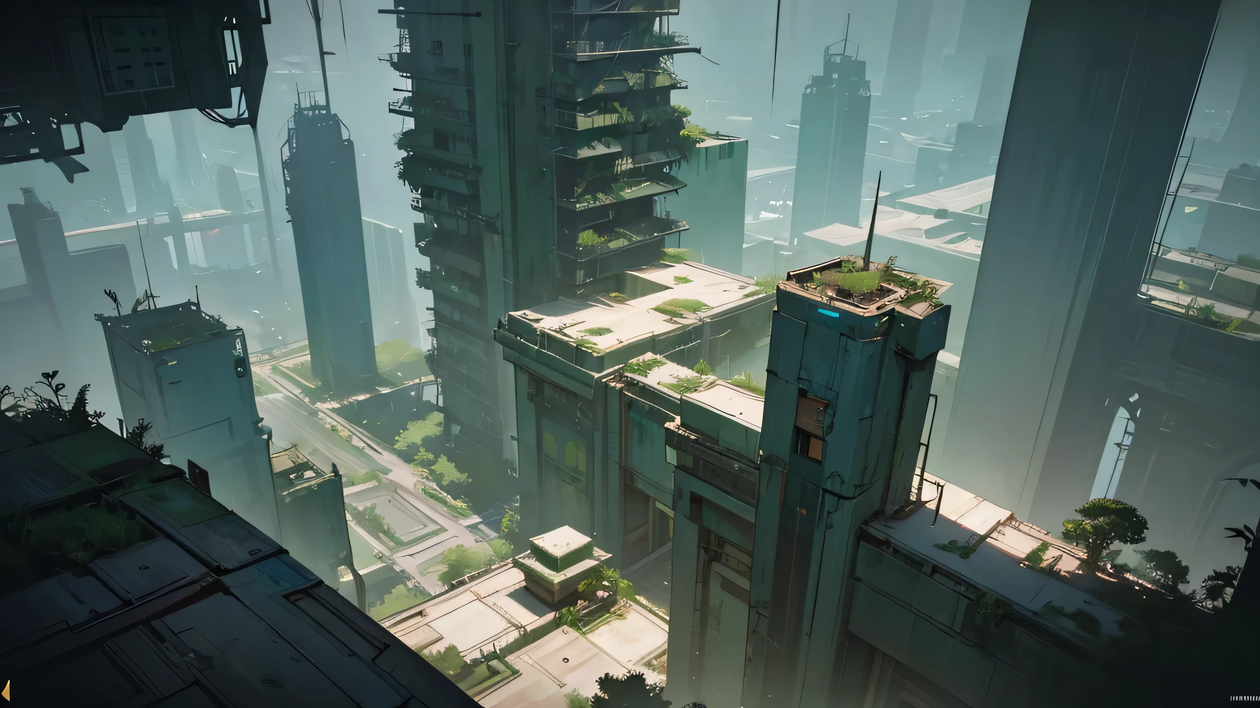 An abandoned futuristic city covered in vegetation, cyberpunk style, aerial view, dystopian and overgrown plants, ruined architecture, neon lights, moody lighting, dramatic shadows, soft color palette, cinematic composition, high quality, 8k, hyper-detailed, photorealistic, studio lighting, physics-based rendering, RPG setting from above, like a tabletop RPG