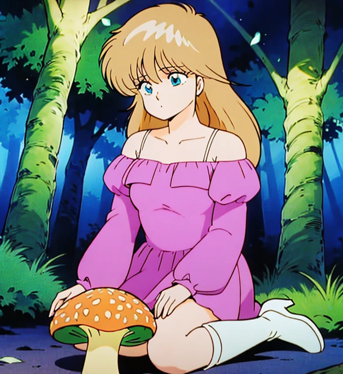A light blonde haired anime girl with pale blue purple eyes、Wearing a pink off-the-shoulder puffy sleeve dress and knee-length white boots、Under the stars、Sitting in the woods next to an orange mushroom surrounded by fireflies。  