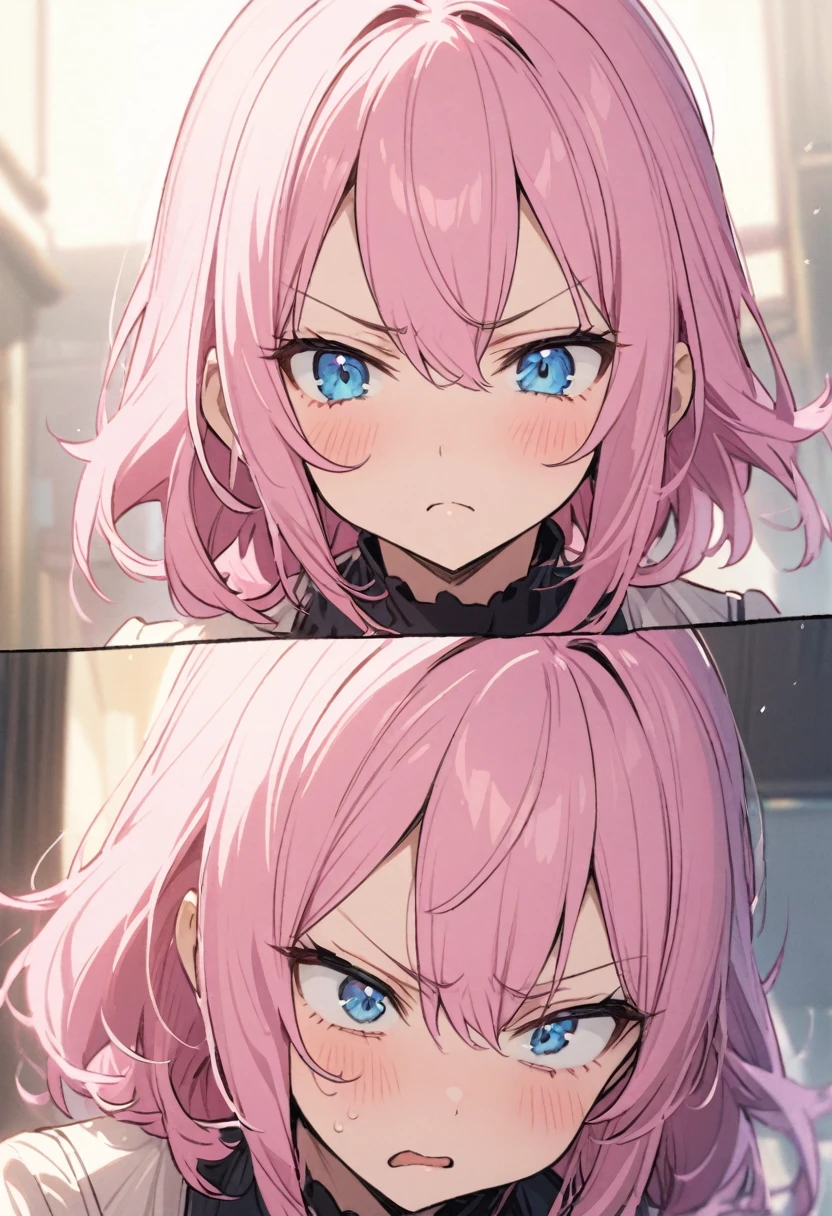 Grab the collar、anger、、Pink haired woman、blue eyes