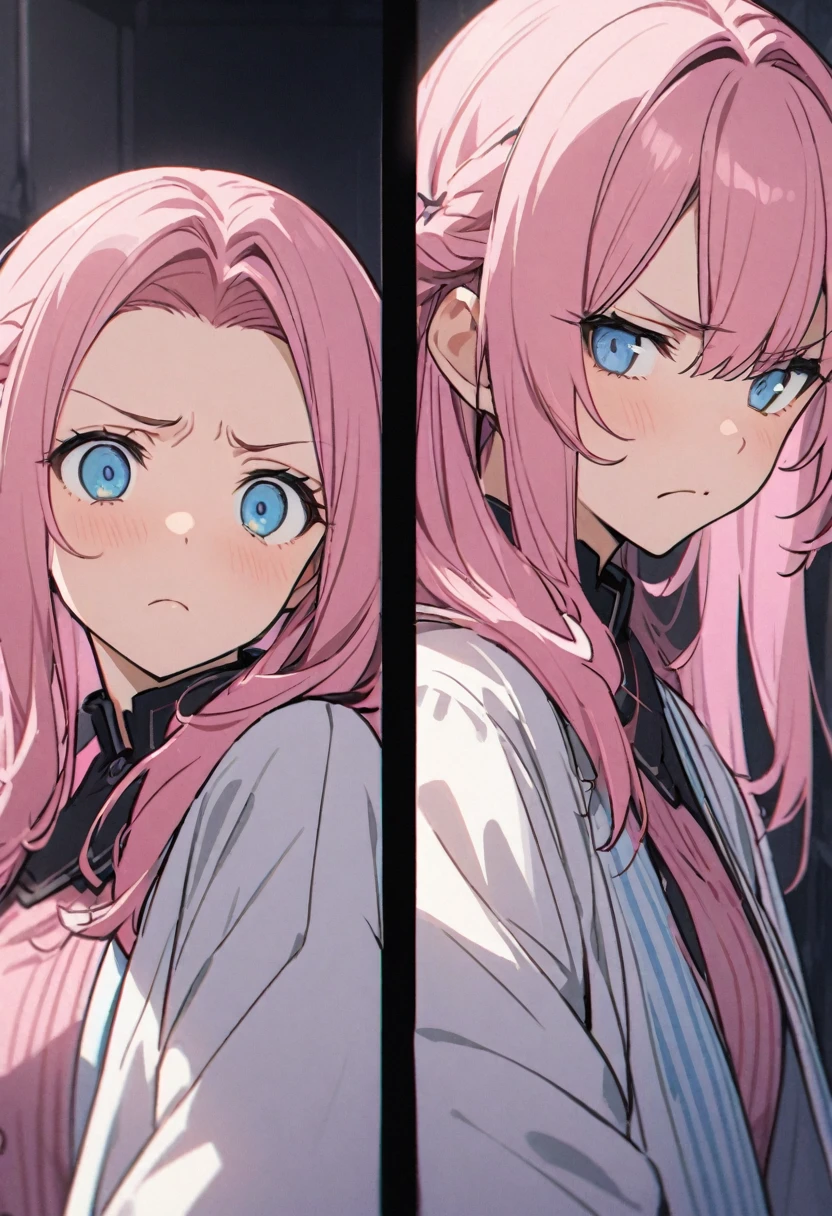 Unpleasant、Frowning、Pink haired woman、blue eyes、Upper Body