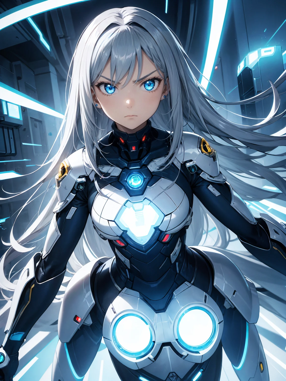 cyborg suit girl, shining blue light,silver long hair, shining eye, 14 years old, angry