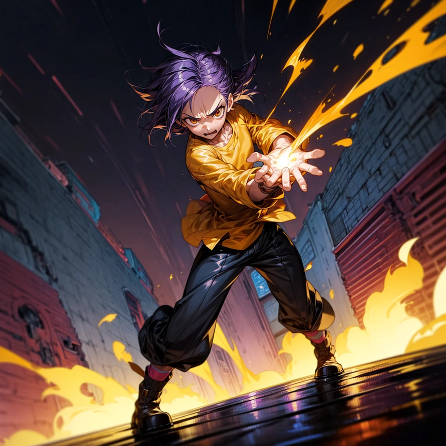 1character, full body version, character is adult male version, hazel eyes, dark purple colour hair, Shaggy hairstyle, clothing style is punk, boots, Grassroots, full background in city, motion blur, flame in hand, standing gesture, (one piece style art), lighting flame in hands