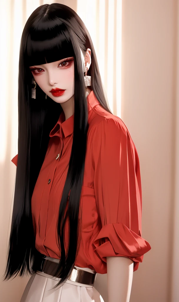 masterpiece, best quality, 32k, insane details, intricate details,
1girl, fashion photography, in style of angura keihime - cut, straight hairin a minimalist Misasakan roomhigh-wistskirtcllaredshirtshort hairstripedblunt bangs
A mature facesideways glance, (cold attitude,eyeshadow,eyeliner:1.1),(red lips:1.5), (Mole under eye:1.0),hand in pocketflower
