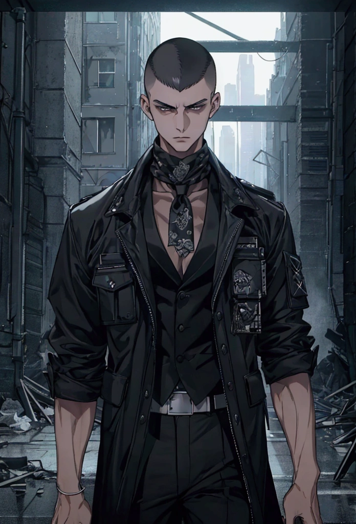 ((Work of art, extremely detailed, looking at screen, dark lighting)), 1 man, 20 years old, buzzcut hair, wearing a black bandana, serious look, extremely strong body, wearing a black sleeveless jacket open, mechanical left arm , standing in abandoned building, wide black pants, rainy city scenery in the background.