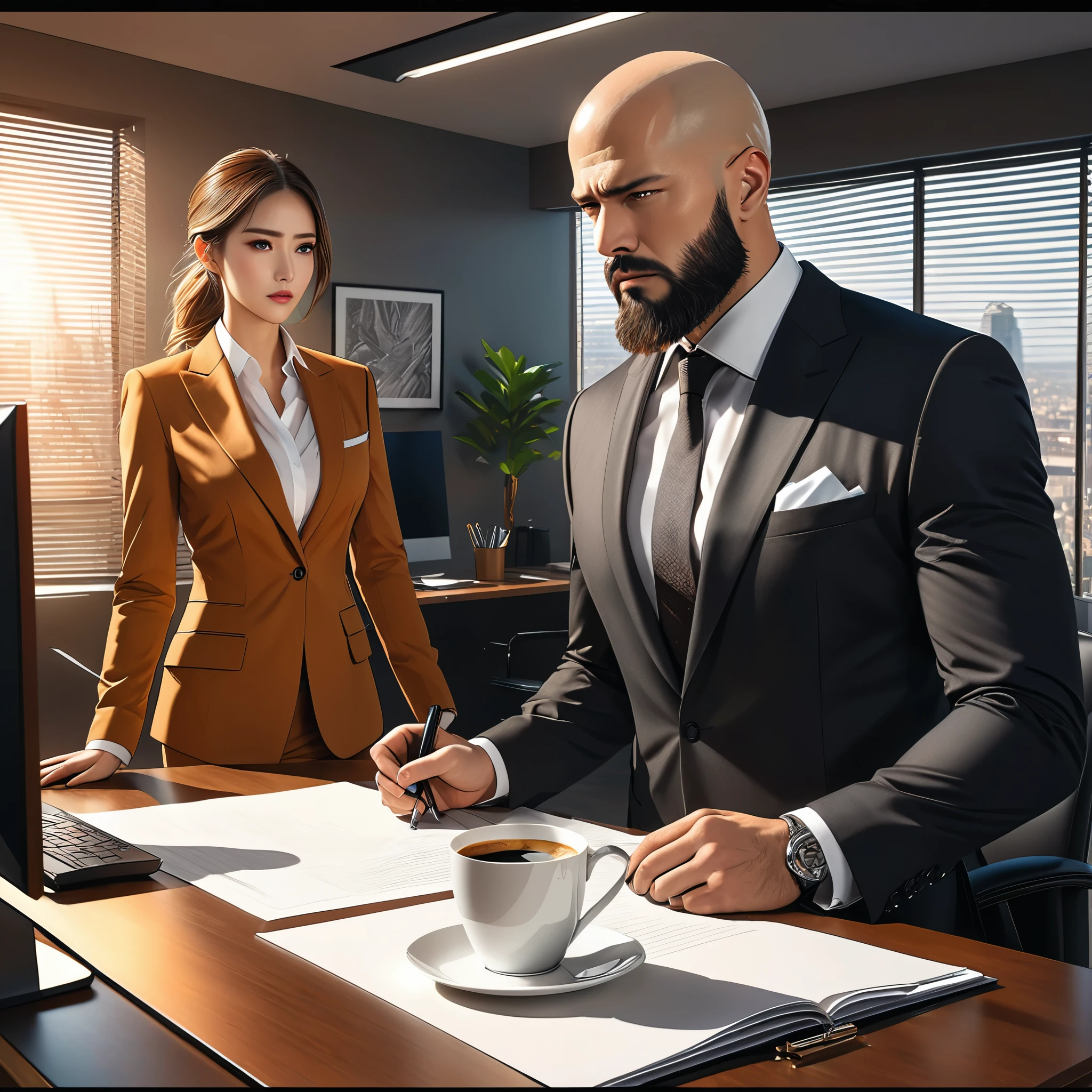 drawing of a man sleeping with a content expression next to his wife, extremely detailed faces, subject is bald with a beard, ultra-detailed, (best quality,4k,8k,highres,masterpiece:1.2), HDR, UHD, studio lighting, vivid colors, warm color tones
