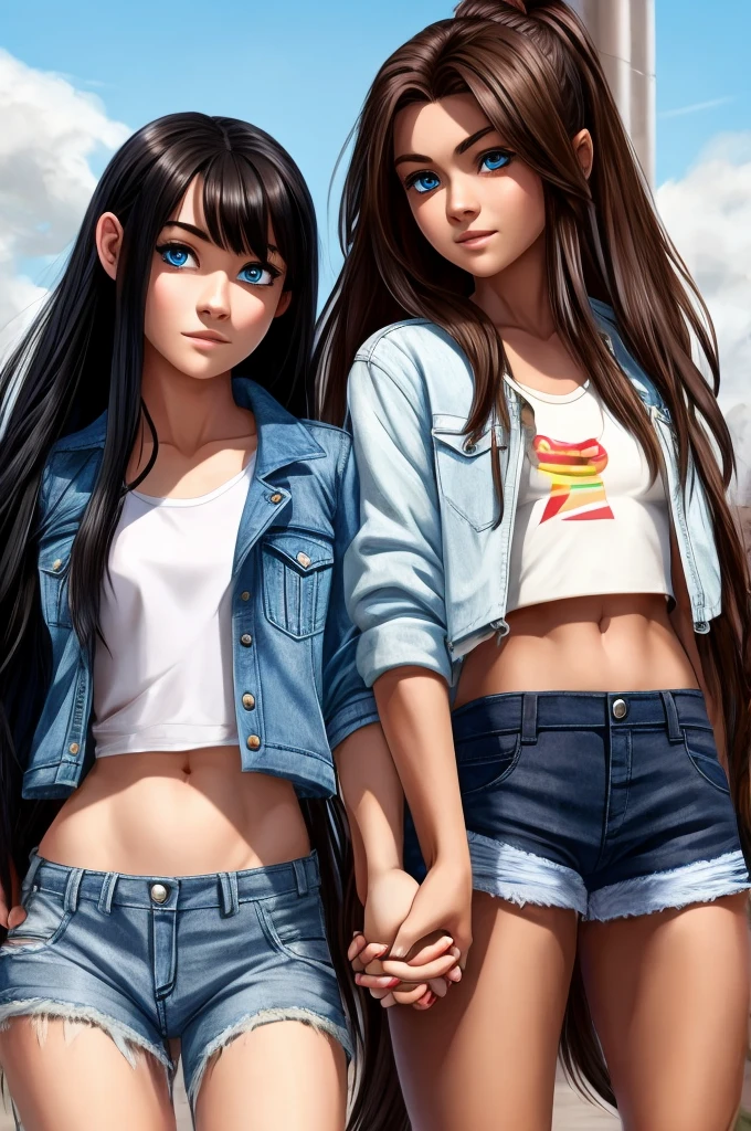 Long black hair blue eyes and her hand ripped jean jacket and a ripped jeans with a .girl holding her hands brown eyes brown hair. a crop top and pair of shorts