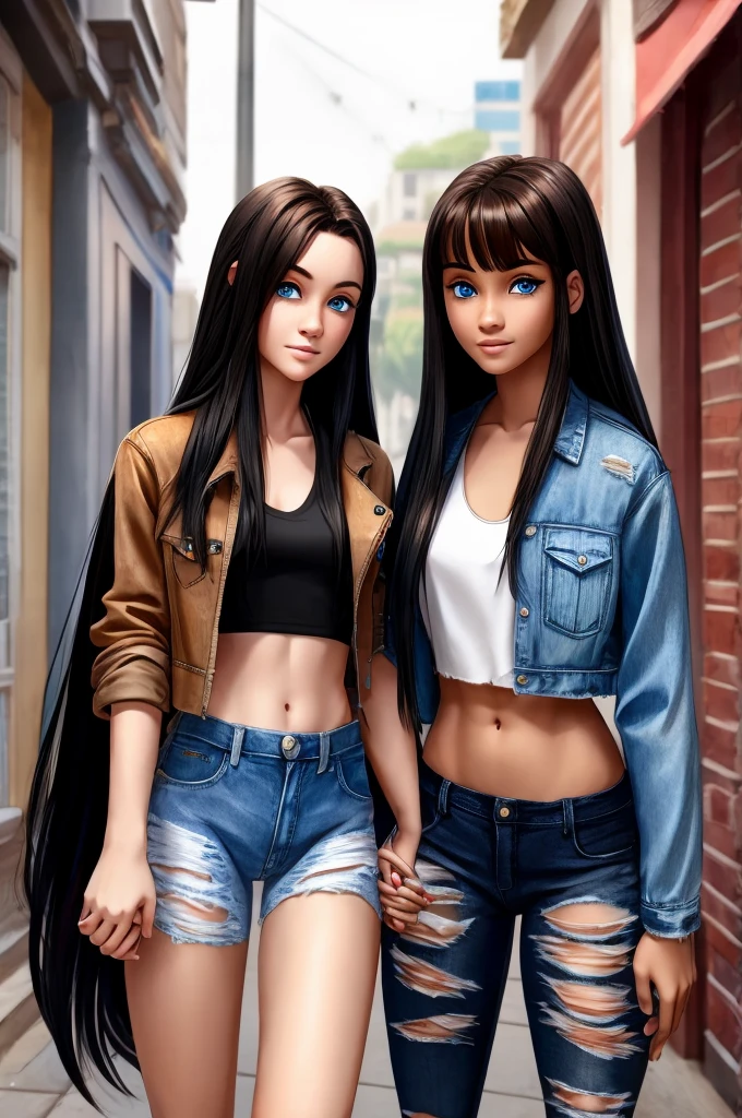 Long black hair blue eyes and her hand ripped jean jacket and a ripped jeans with a .girl holding her hands brown eyes brown hair. a crop top and pair of shorts