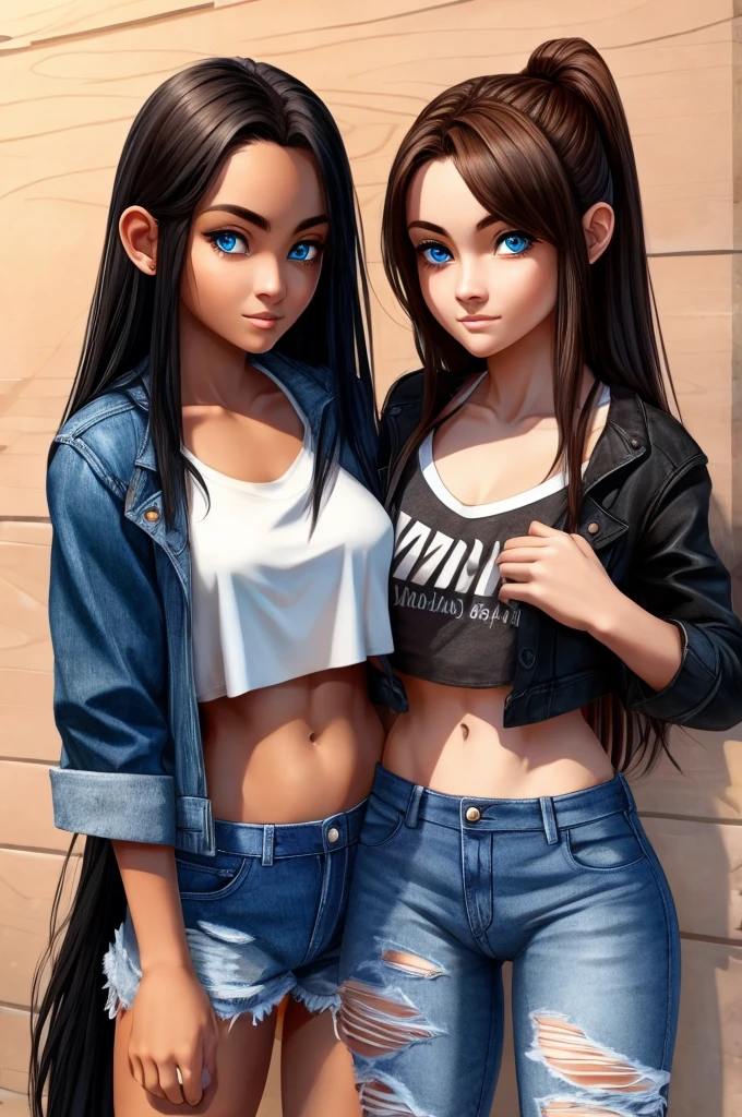 Long black hair blue eyes  and her hand ripped jean jacket and a ripped jeans with a .girl holding her hands brown eyes brown hair. a crop top and pair of shorts