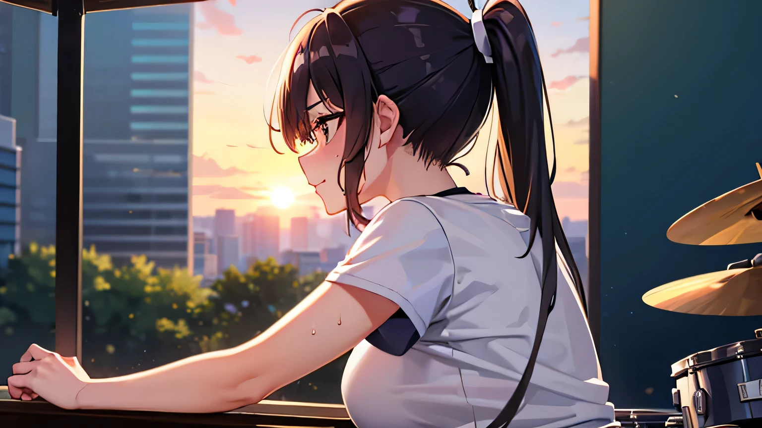 A drummer girl in her 20s with a ponytail and wearing a T-shirt、Sweating hard at an outdoor concert、Playing the drums。A concert venue with a sunset view