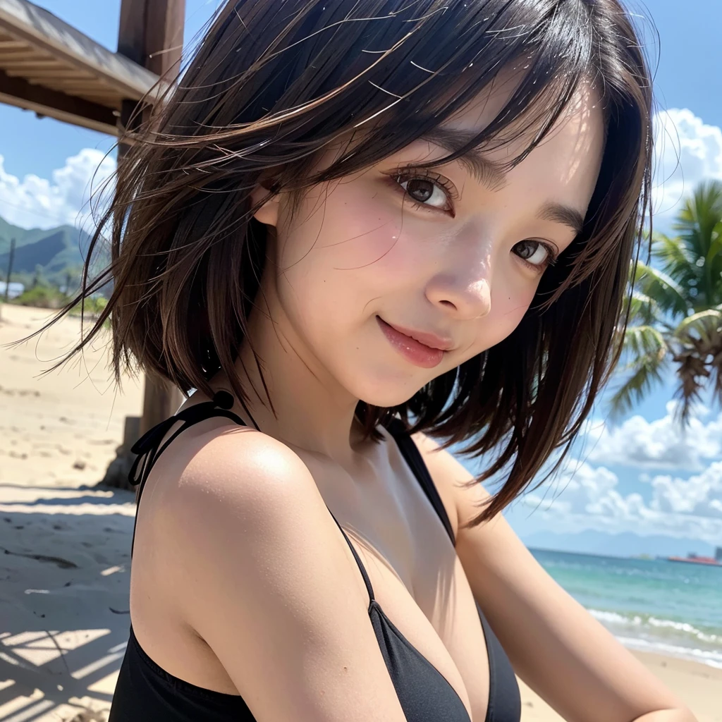 (((Shoulder length brown straight short bob)))、(((She has a Hawaiian beach in the background、Posing like a model at a hair salon.)))、(((Wearing a black micro bikini)))、(( huge breasts :1.2 ))、Half Japanese and Korean、18 year old girl、Independent、Look forward、Light eye makeup、Brown Hair Color、Flat 、Hair blowing in the wind、quality of actress、Shiny, Ultra-realistic faces、Smile expression、Moist eyes、look up、calming lighting effect、 Ultra-Realistic Capture、very detailed、High resolution 16K close-up of human skin。Skin texture should be natural、Must be detailed enough to see pores、skin is healthy、Must be even tone、Use natural light and colour、High-quality photos taken by a model agency's exclusive photographer、smile