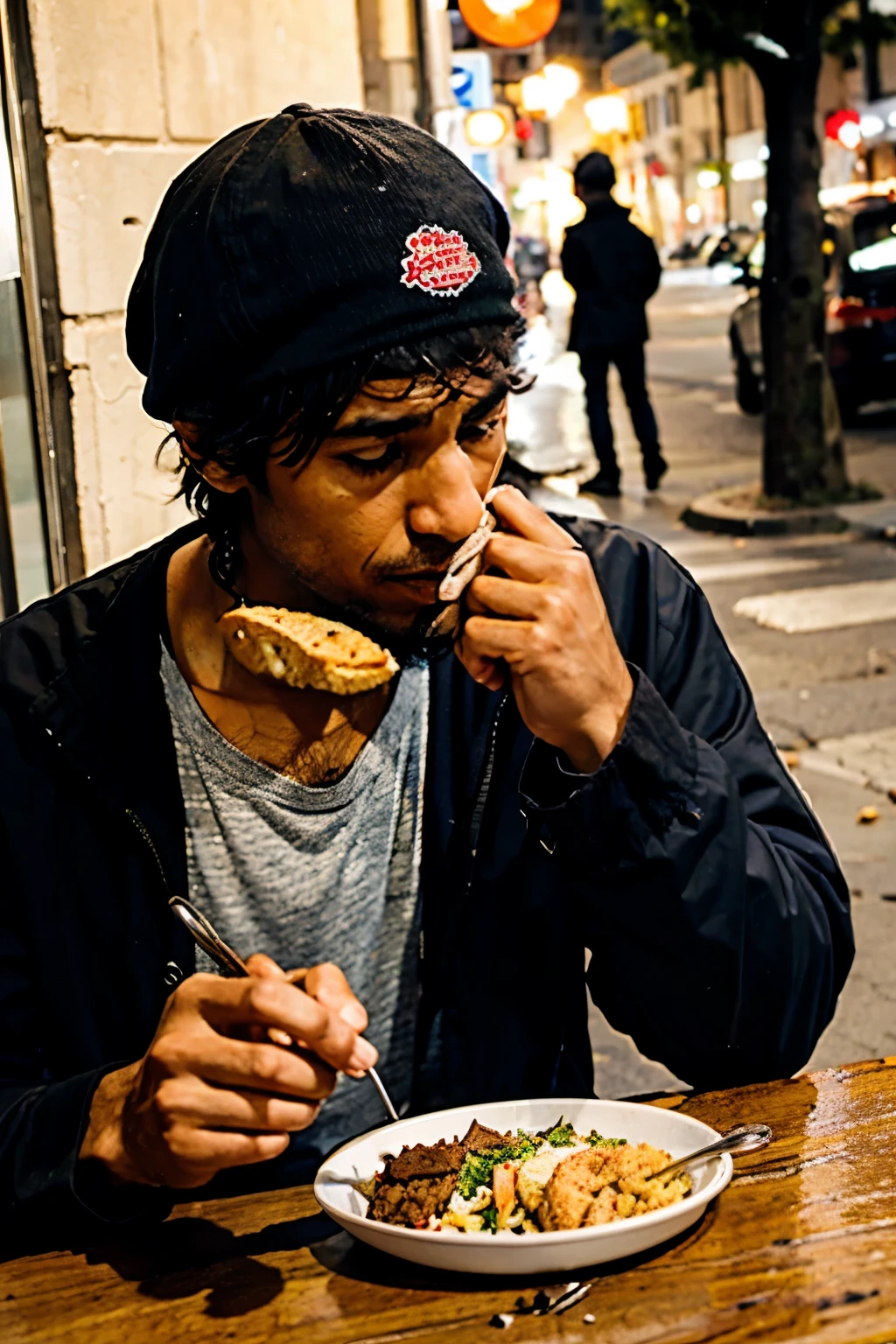 HOMELESS MAN ON THE STREET ASKING FOR FOOD AND A YOUNG MAN GIVING HIM FOOD