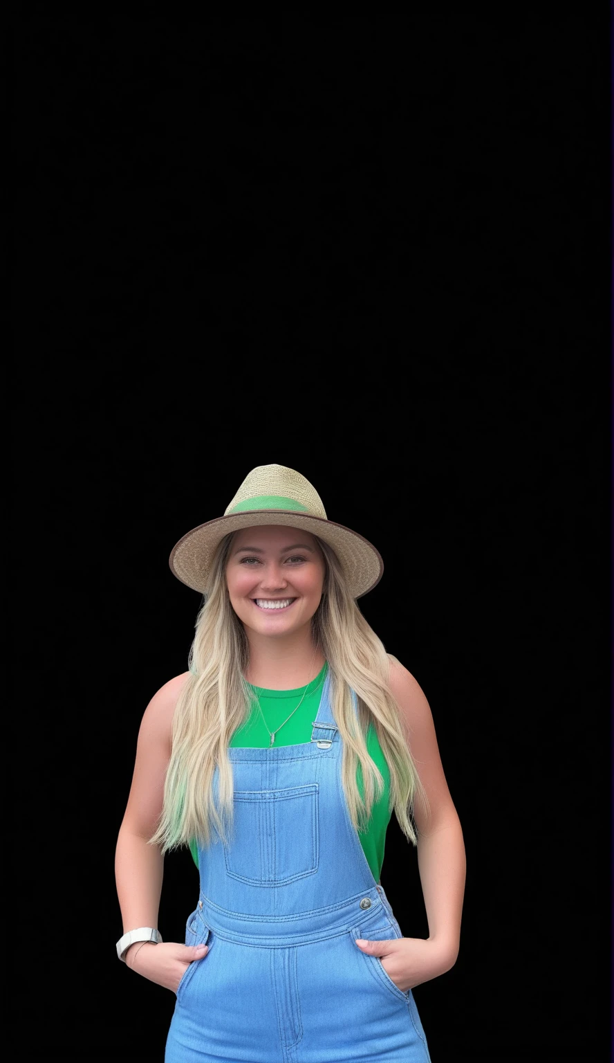"Create a realistic, full-body 4D cartoon character with a big head, wiry woman in overalls and hat posing for a photo, wearing farm clothes, wearing a straw hat and overalls, katey truhn, farmer, wearing green top hat, 2 5 years old, age 3 0, Sidney Hanson, background removed, with hat, age 2 0, profile image, Andrew Dickson, Alana Fletcher, miranda meeks. The illustration should emphasize its broad, happy smile and friendly behavior."
