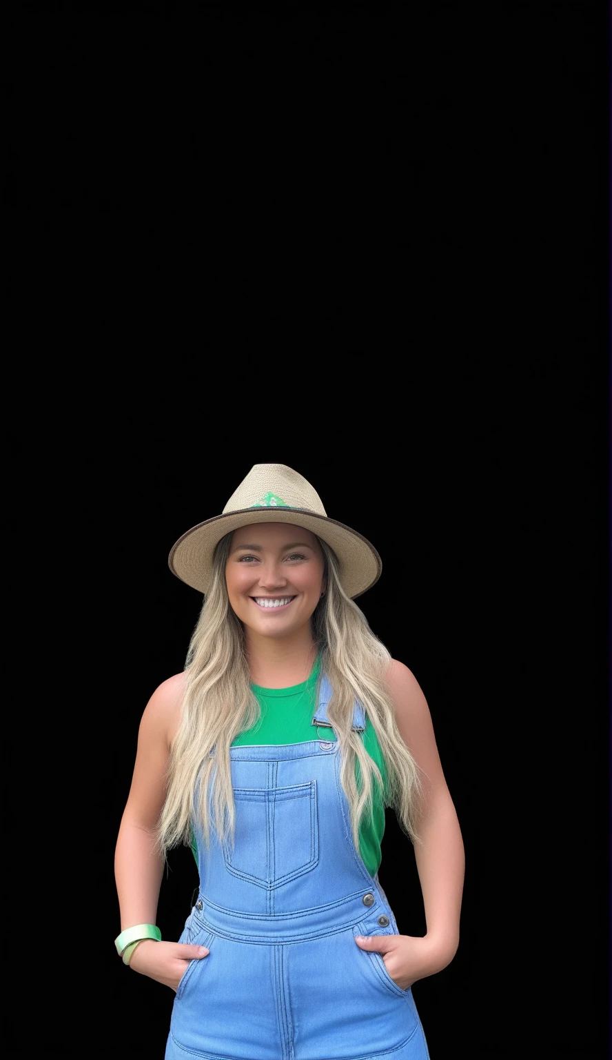 "Create a realistic, full-body 4D cartoon character with a big head, wiry woman in overalls and hat posing for a photo, wearing farm clothes, wearing a straw hat and overalls, katey truhn, farmer, wearing green top hat, 2 , age 3 0, Sidney Hanson, background removed, with hat, age 2 0, profile image, Andrew Dickson, Alana Fletcher, miranda meeks. The illustration should emphasize its broad, happy smile and friendly behavior."