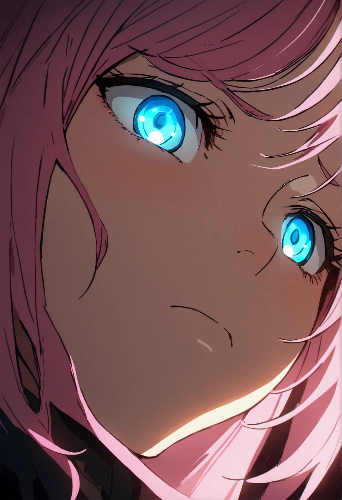 Close-up of face、Frowning、Pink haired woman、blue eyes