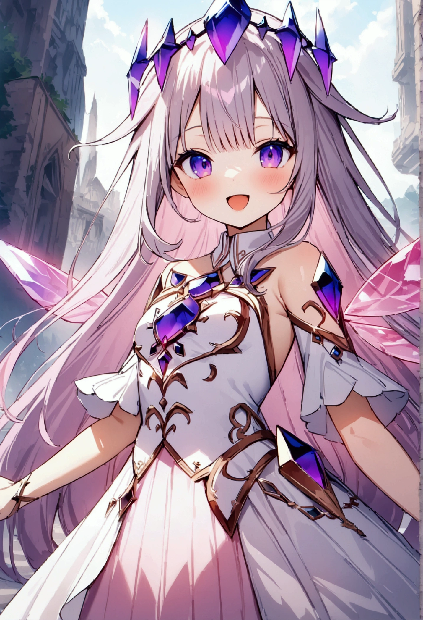((masterpeice))((sharp focus))(1girl, solo, virtual youtuber, light grey and pink hair, long hair, crystal crown, purple crystal, pretty eyes, perfect eyes, purple eyes, smiling, pink wings, crystal wings, white, black and pink dress, pink and white outfit, outdoors background, purple crystals, looking towards viewer, ;D) ((beautiful))((4K resolution))((HD))((perfect body))((perfect anatomy))((perfect face))((smooth skin)),add_detail:1, add_detail:0, add_detail:0.5,koseki_bijou,