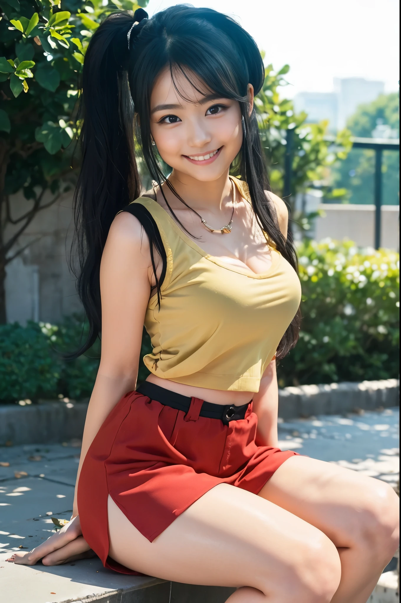 （8k、Raw photography、Highest quality、masterpiece：1.2),(Black Hair、Dark Eyes:1.9),(:1.6)、View your viewers,Front view,White skin,(:1.4)、(Tight waist:1.6)、(Clothes that accentuate the shape of the :1.0)、(Big BreSlim figure、Ultigh resolution,beautiful,beautiful fece,(One person、No background:1.9),whole bodyボディー,Japanese women,（reality的：1.37）、Photon Mapping,reality、(Baby-faced and cute: 1.4)、(Cute Smile: 1.8)、(Round face: 1.8)、Radio City、Physically Based Rendering、Depth of field rally background、photograph, (I can see your knees、Thigh close-up:1.8),（:1.6）,whole body、Great quality