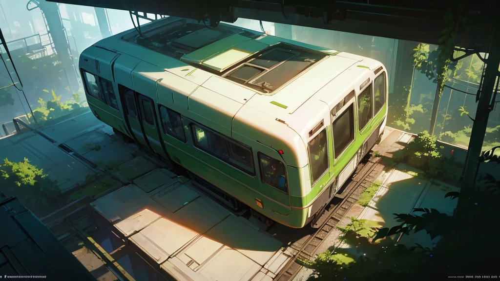 A futuristic futuristic train car covered in greenery, cyberpunk style, aerial view, dystopian and overgrown plants, ruined architecture, neon lights, moody lighting, dramatic shadows, soft color palette, cinematic composition, high quality, 8k, hyper-detailed, photorealistic, studio lighting, physics-based rendering, RPG setting from above, like a tabletop RPG