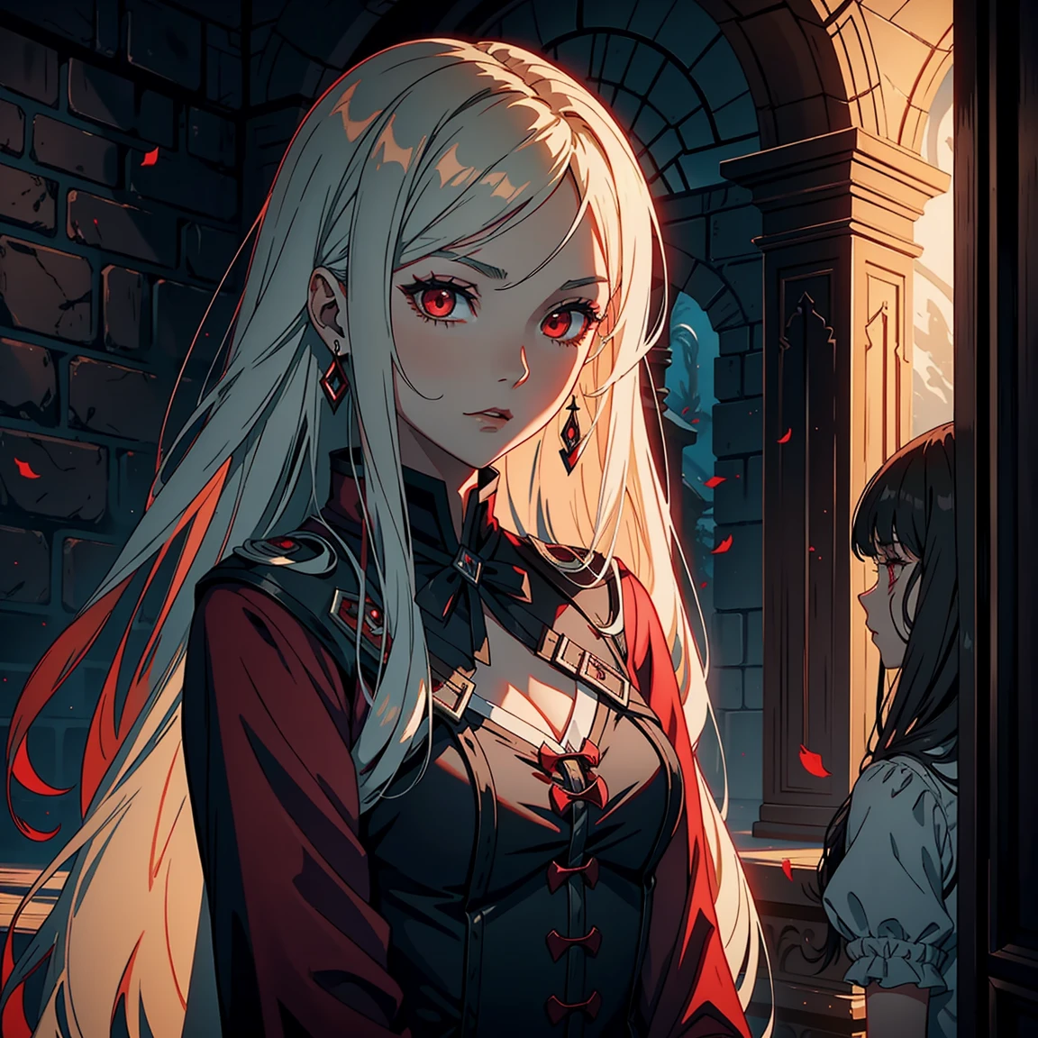 Castlevania Shadow young women with long hair borwon she is a vampire with red eyes