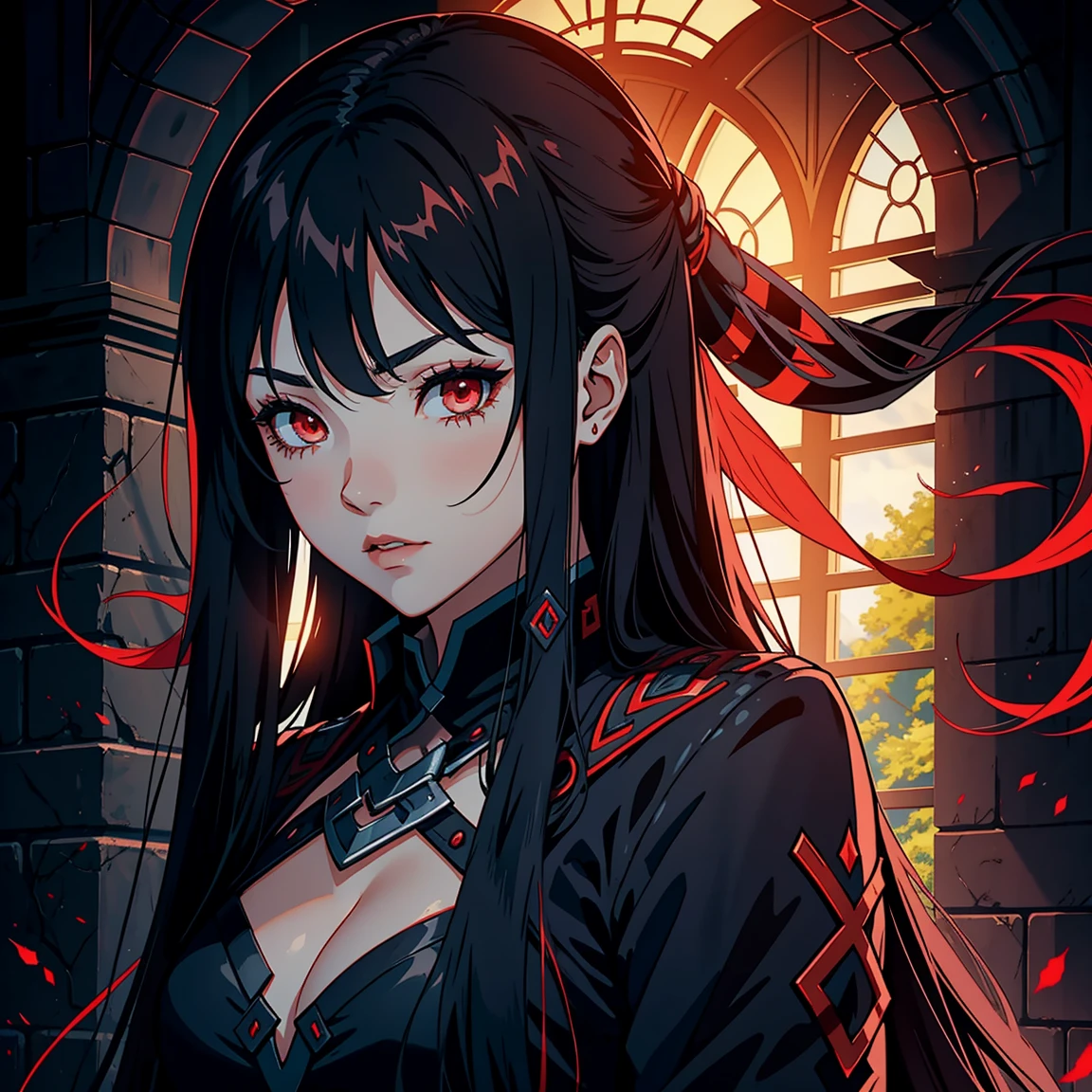 a beautiful young woman, 1 girl, detailed face, twin tails, colorful hair with black roots and red tips, wearing a red shirt with silver patterns, witch's hooded cloak, black leather pants, expressive detailed eyes, collar, jewelry, smile, hyperrealistic, video game rendering effect through ink overlay, white background, blood black shadow overlay effect, shading effect, red dualization effect, bloody ink, liquid ink rendering, hyperrealistic Sumi-e liquid ink painting, high detail, intricate details