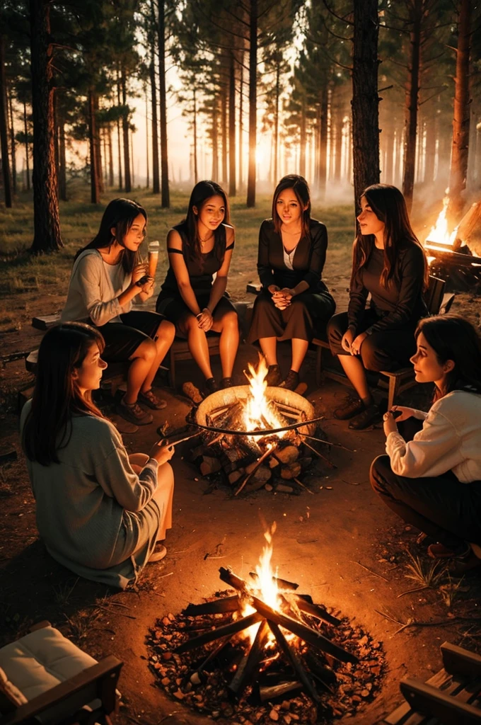 Upa, Bora and her mother sitting near their tent near a campfire 