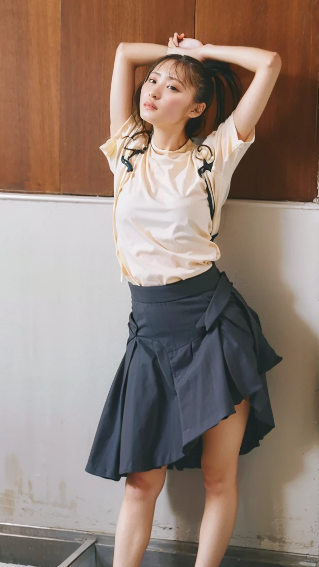 ((Viewing angle from below、Highest quality、masterpiece、32k、Every detail counts、(Realistic:1.5), (Real Skin:1.5), One girl,))、Go down the stairs at the station、commute、whole body、Tank top with loose chest、Leaning forward、(((A strong wind blows her hair and skirt:1.62)))、One Girl、(((The shoulder strap of the bag can be worn diagonally across the body:1.4、No underwear:1.22、Big Breasts、barefoot)))、
