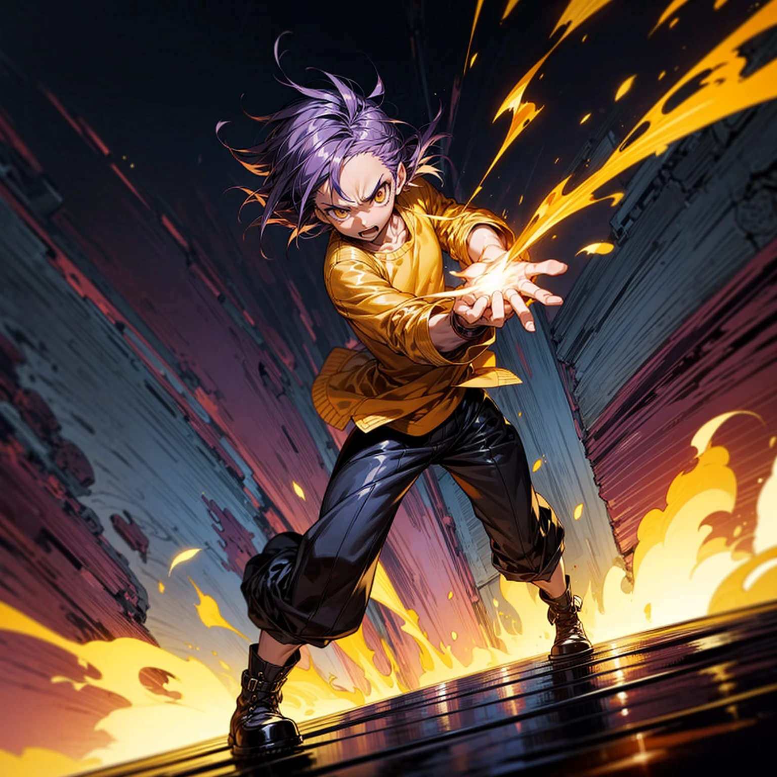 1character, full body version, character is adult male version, hazel eyes, dark purple colour hair, Shaggy hairstyle, clothing style is punk, boots, Grassroots, full background in city, motion blur, flame in hand, standing gesture, (one piece style art), lighting flame in hands