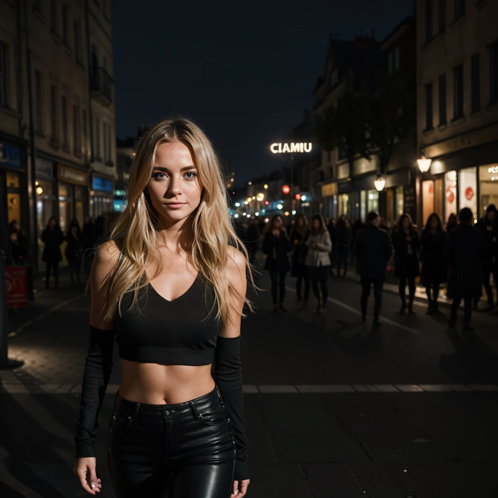 Blonde woman in her twenties dressed in a black ballet tutu and short fur rocker jacket, bailando ballet en la calle