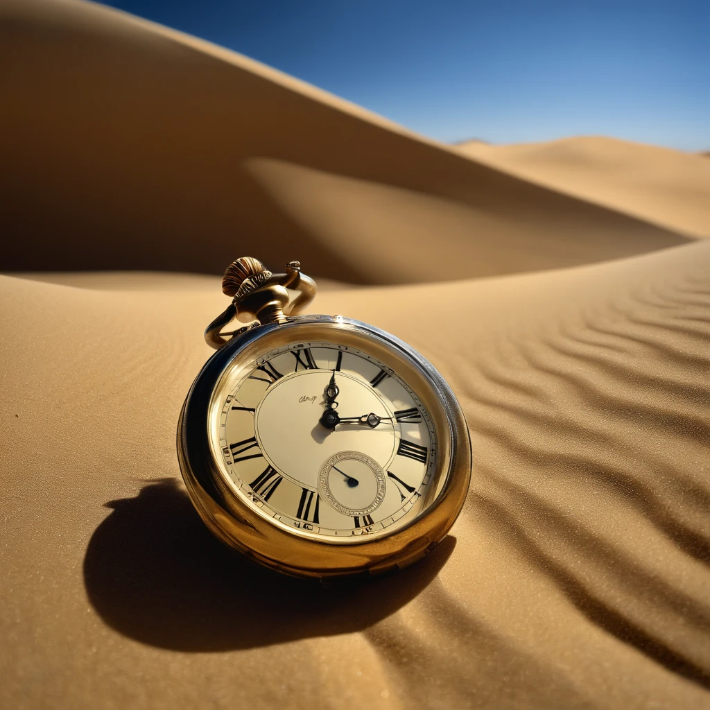 Old Clock in the Desert: an antique pocket watch, half buried in the golden desert sand, with dunes in the background and the clear blue sky above. Time seems suspended, while the sun casts long, dramatic shadows, highlighting the contrast between the passage of time and the immensity of the desert.